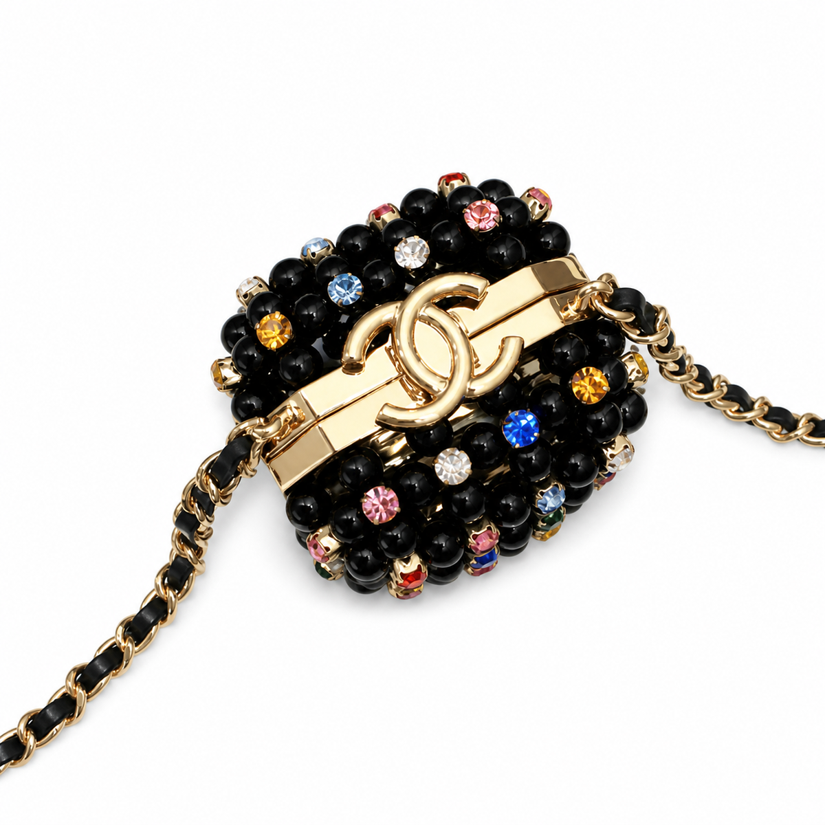 Chanel Black Pearl Multicolor Crystal Minaudière Gold CC Evening Bag