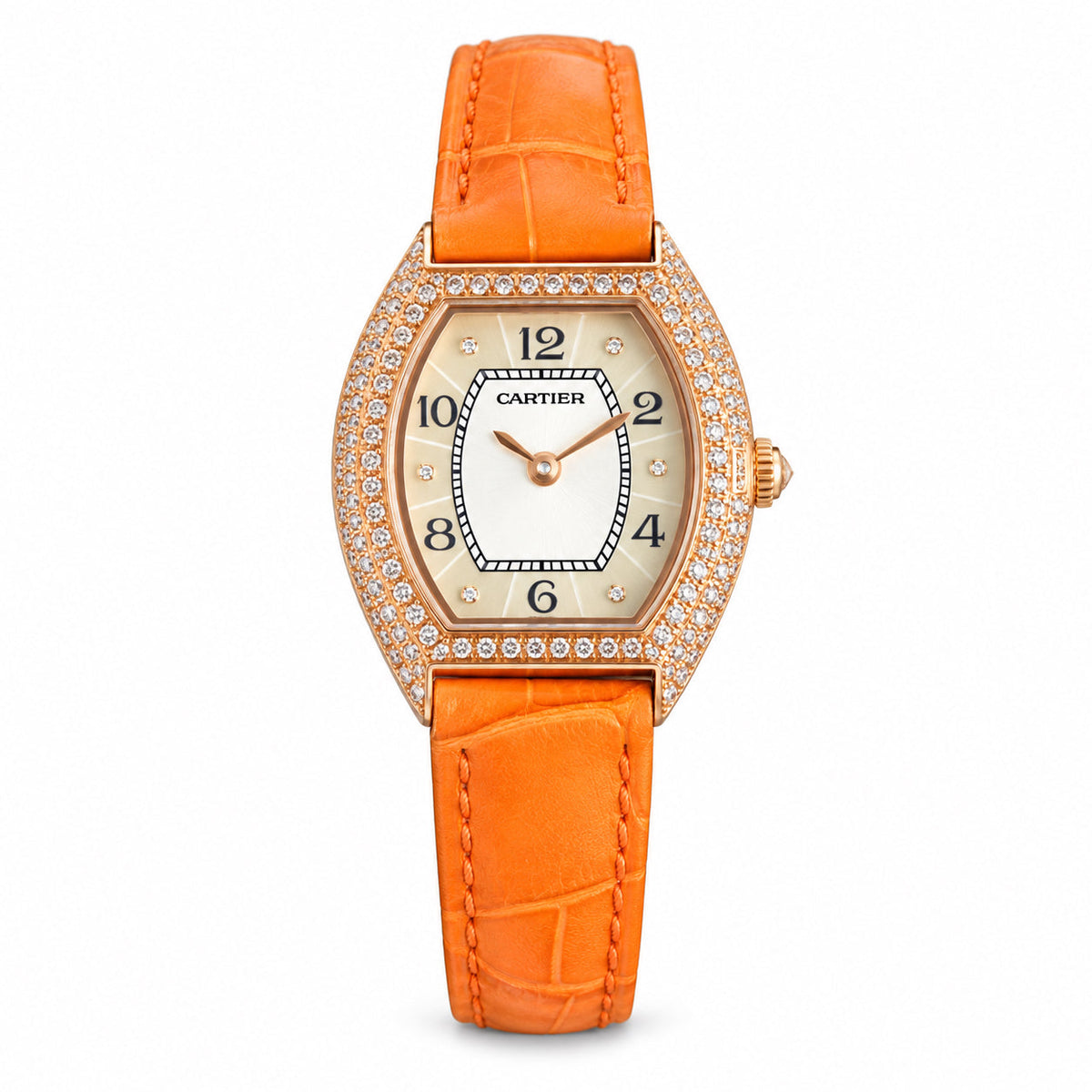 Cartier Tortue — Rose Gold Diamond Bezel & Orange Alligator Strap