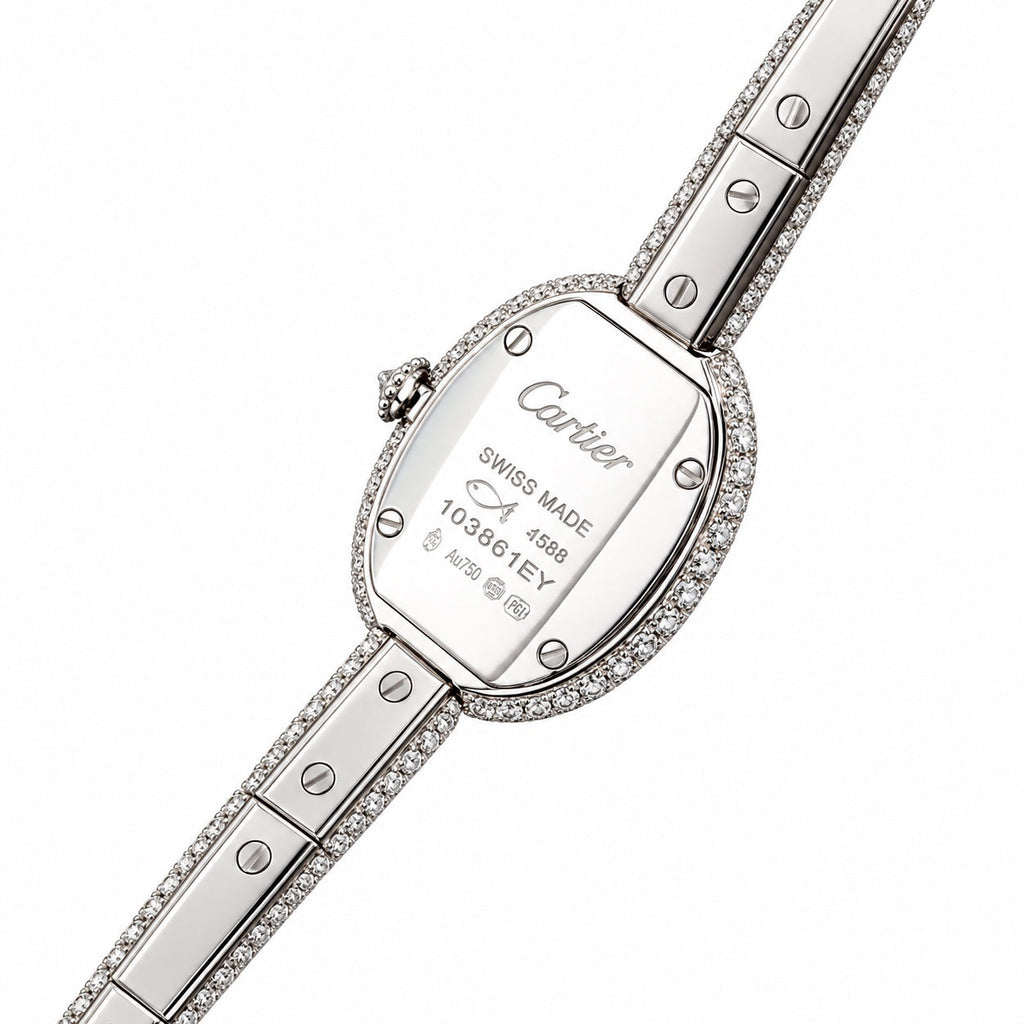 Cartier Baignoire — 18K White Gold, Full Diamond Bezel & Diamond Bangle, White Dial, Women