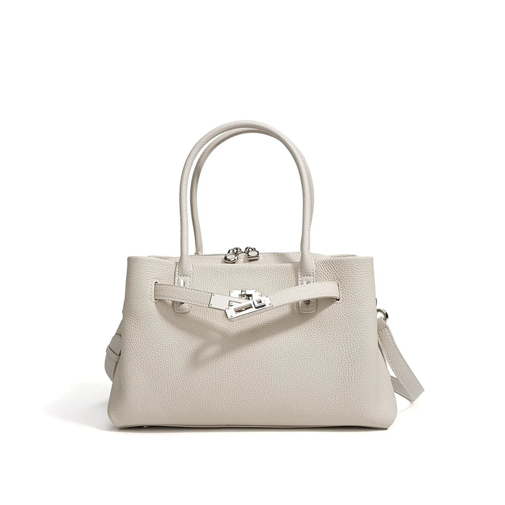 Cream Pebbled Leather Structured Top Handle Bag with Belt Lock