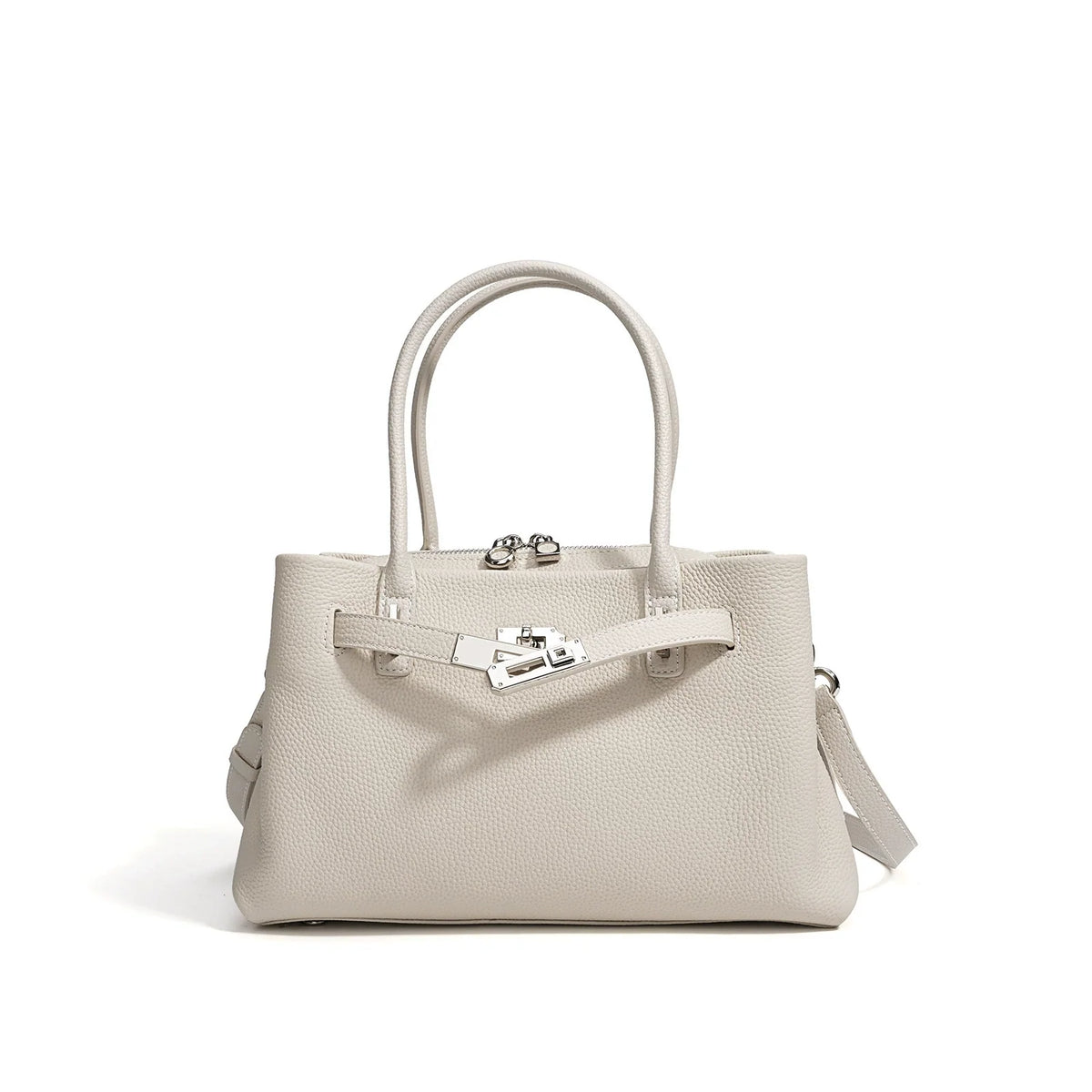 Cream Pebbled Leather Structured Top Handle Bag with Belt Lock