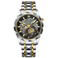 VAVA VOOM Skeleton Automatic Watch Faceted Black Ceramic Bezel Gold Inner Ring Two-Tone Pyramid Link Bracelet Men